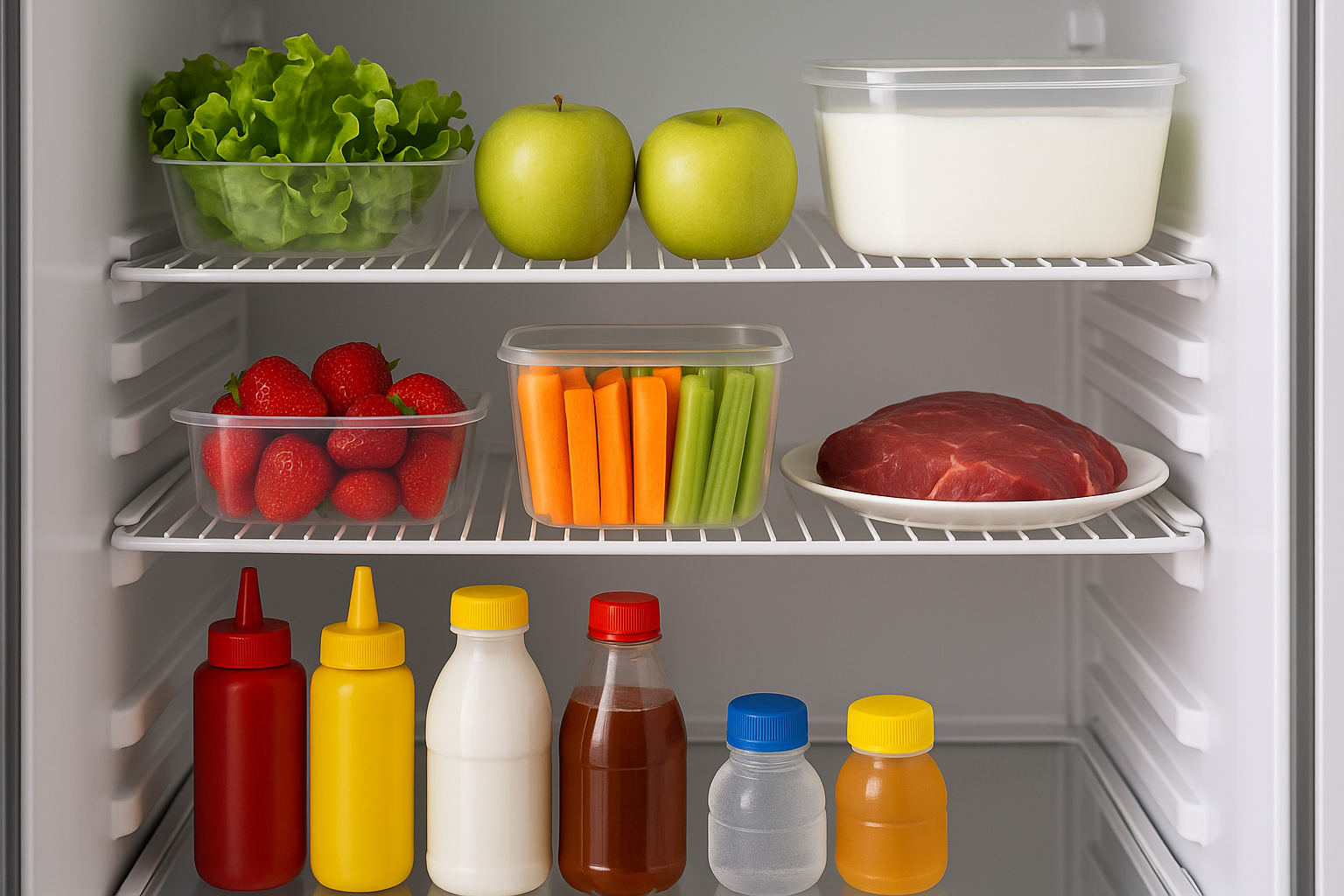 정돈된 냉장고 속 선반에 신선하게 정리된 식재료들이 담겨 있는 모습