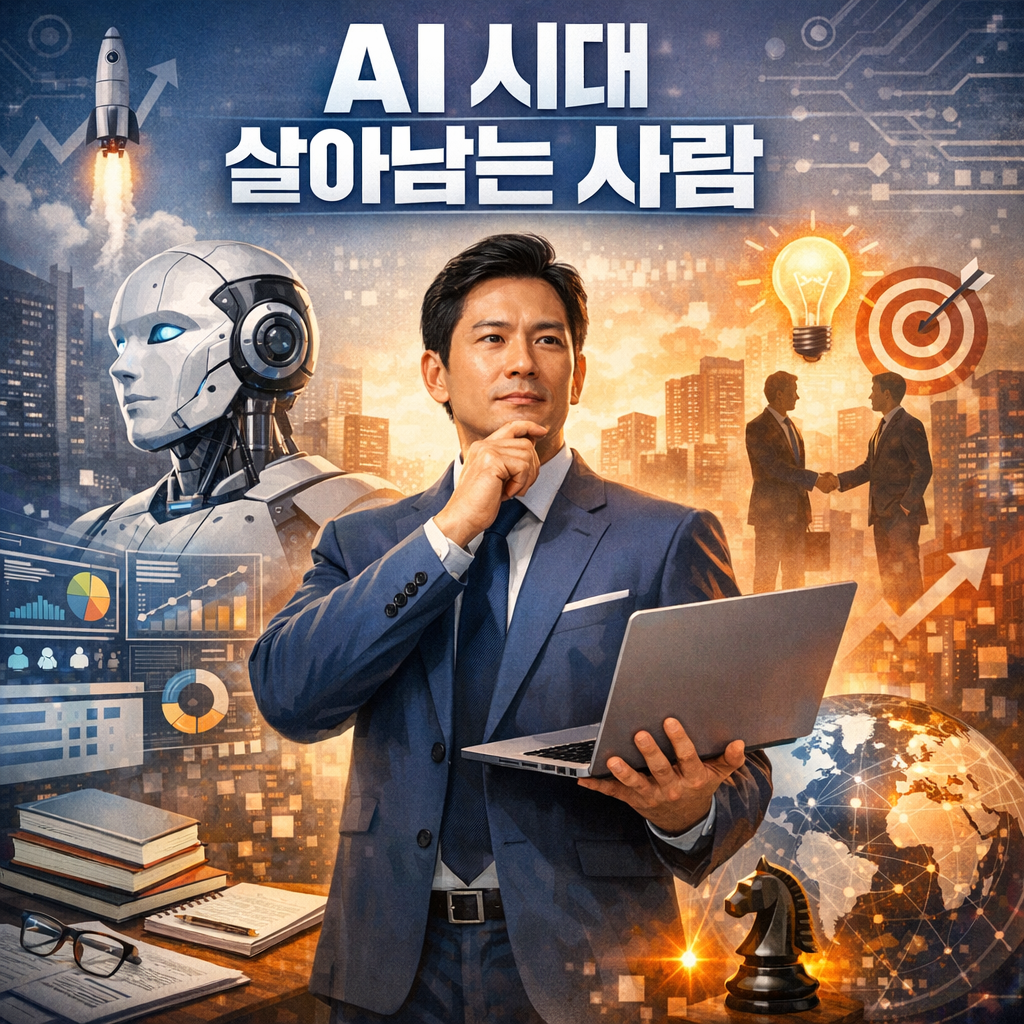 AI 시대 살아남는 사람 특징을 보여주는 미래 기술과 인간 협업 개념 이미지