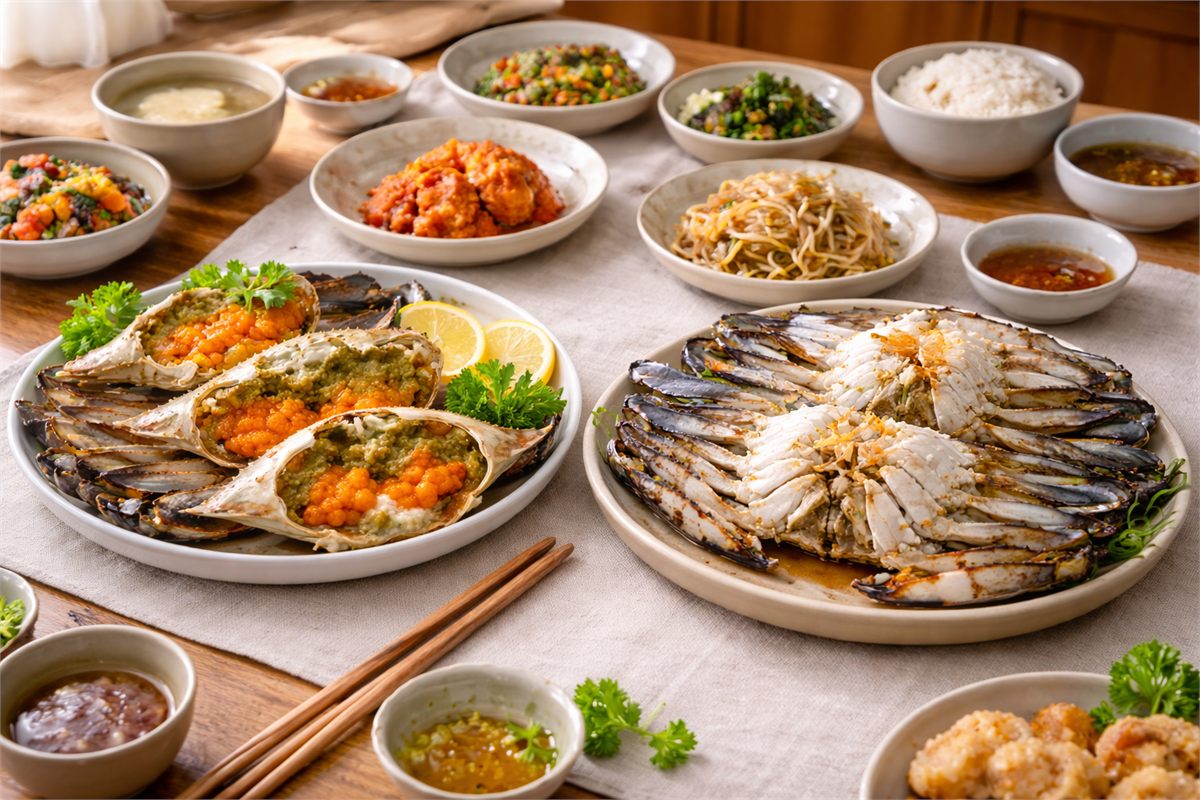 봄 암꽃게와 가을 수꽃게의 특징을 식탁 구성으로 비교한 장면 