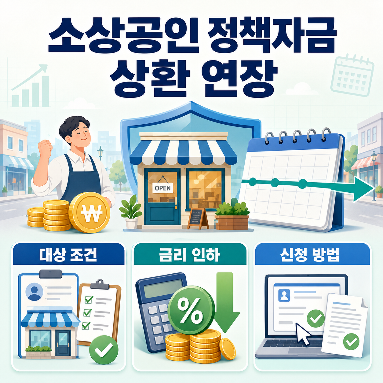 소상공인 정책자금 상환 연장의 대상 조건, 금리 인하, 신청 방법을 안내하는 인포그래픽