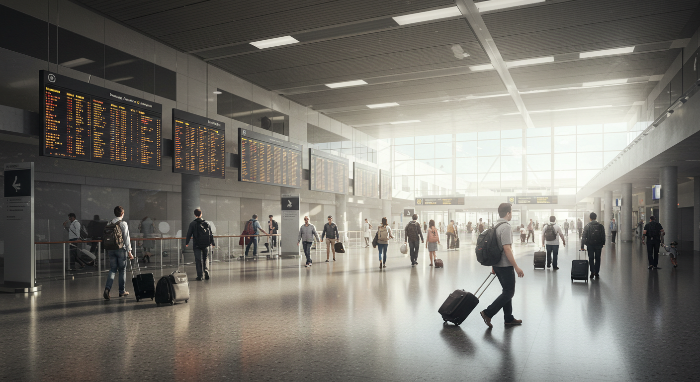 출국 대기 중인 여행객들이 공항 터미널에서 이동하는 모습