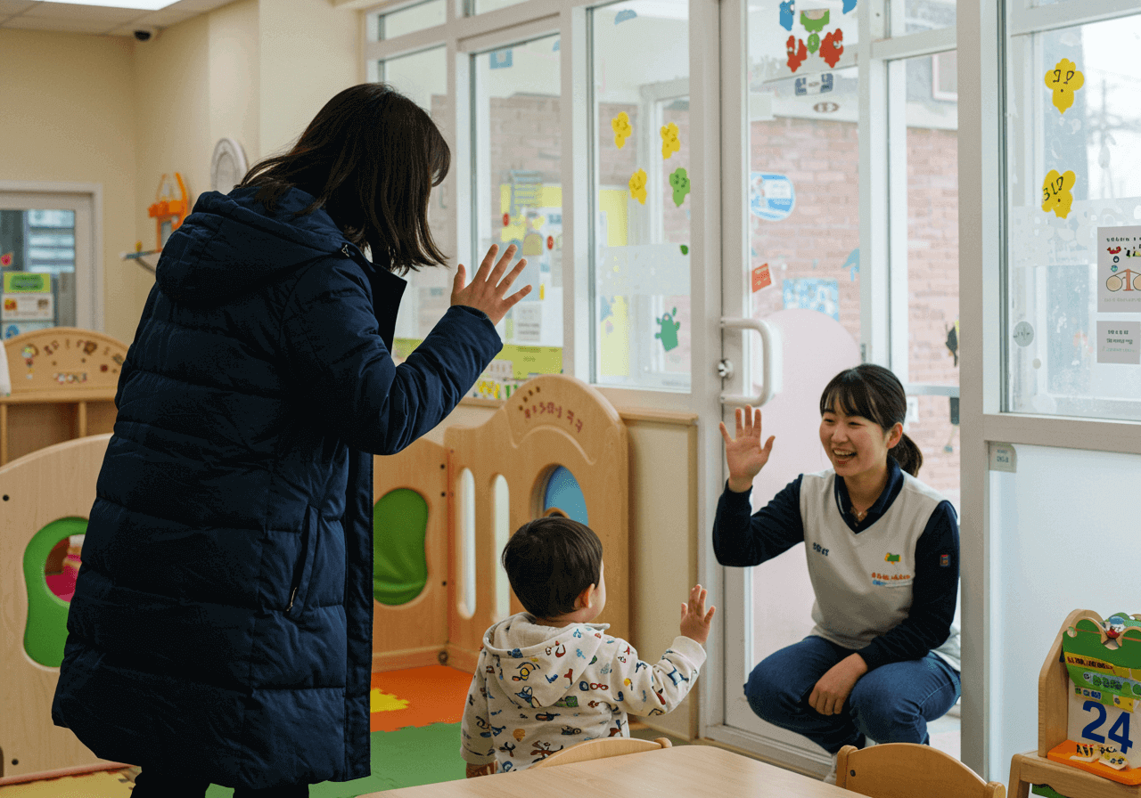인사하는 부모와 아이 그리고 선생님