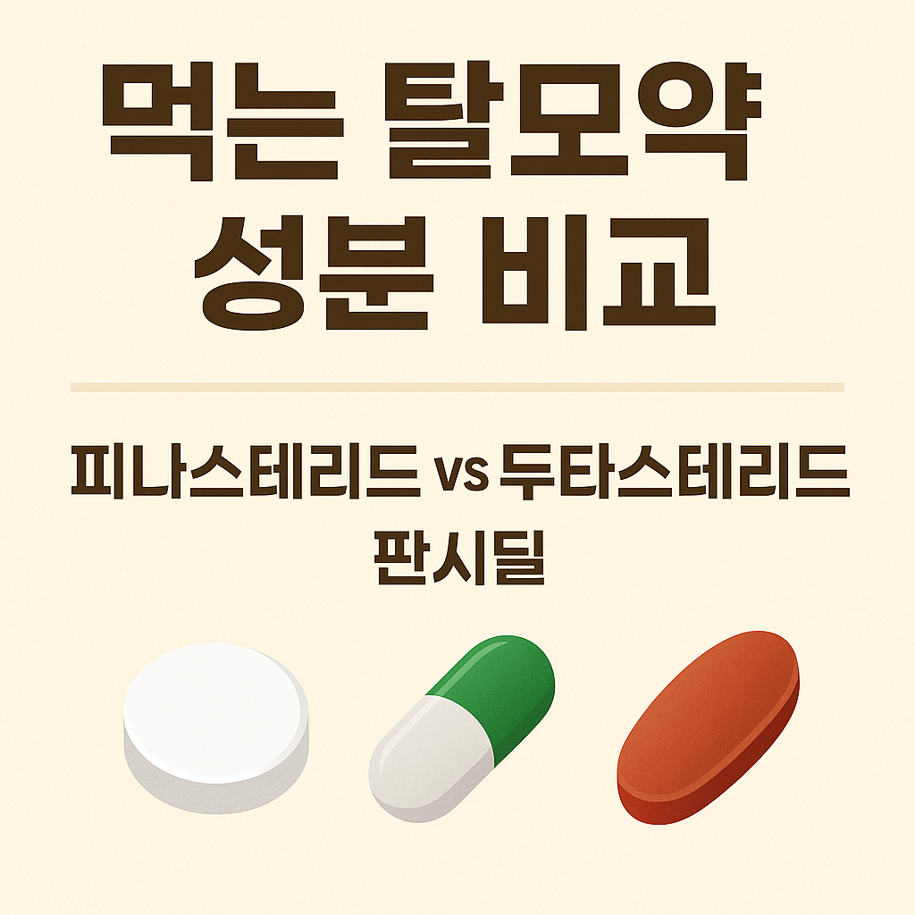 먹는 탈모약 성분 비교 – 피나스테리드, 두타스테리드, 판시딜을 알약 일러스트와 함께 나열한 비교형 썸네일 이미지