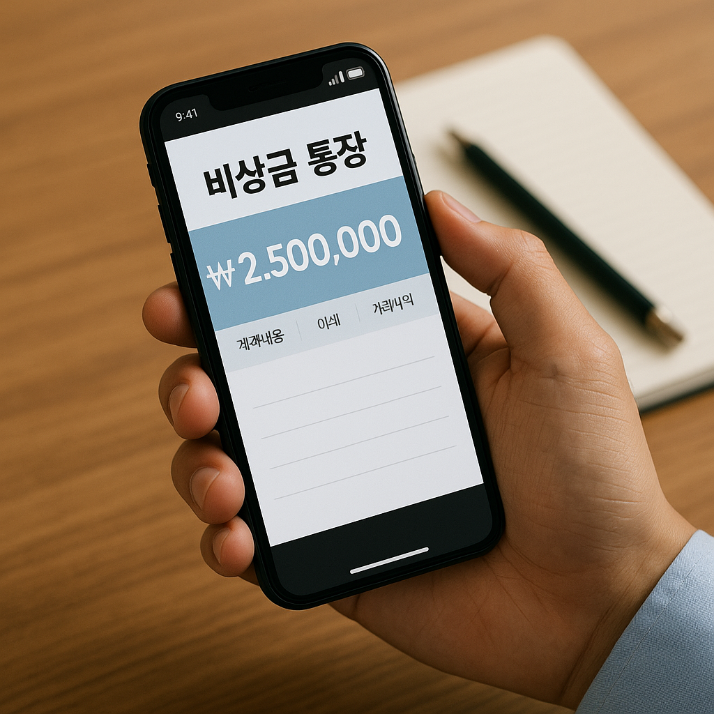 비상금 통장을 스마트폰으로 확인 중인 직장인의 손 