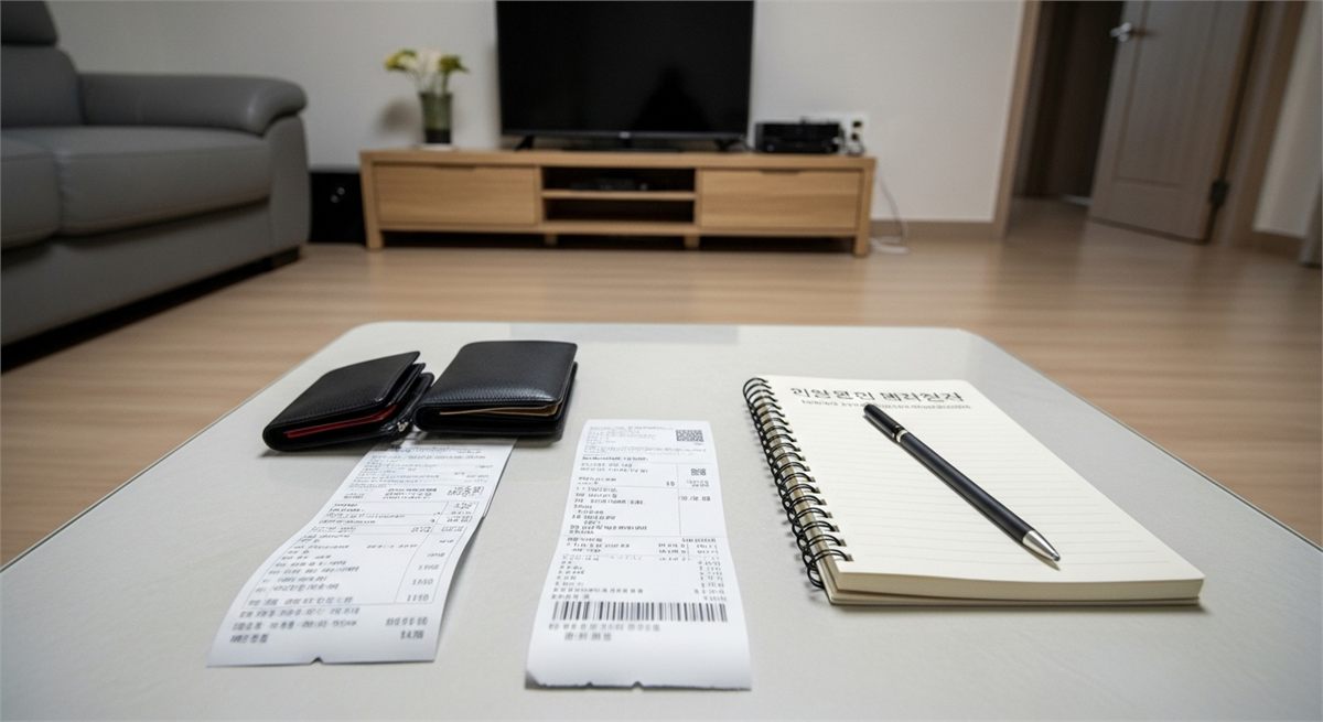 거실 테이블 위 생활비 자료와 지갑을 두고 지원금 신청을 준비하는 장면 