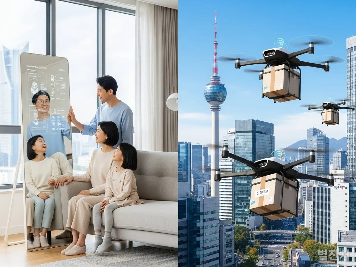 에이전틱 AI가 적용된 초개인화 헬스케어와 자율주행 배송이 구현된 한국 도시의 모습