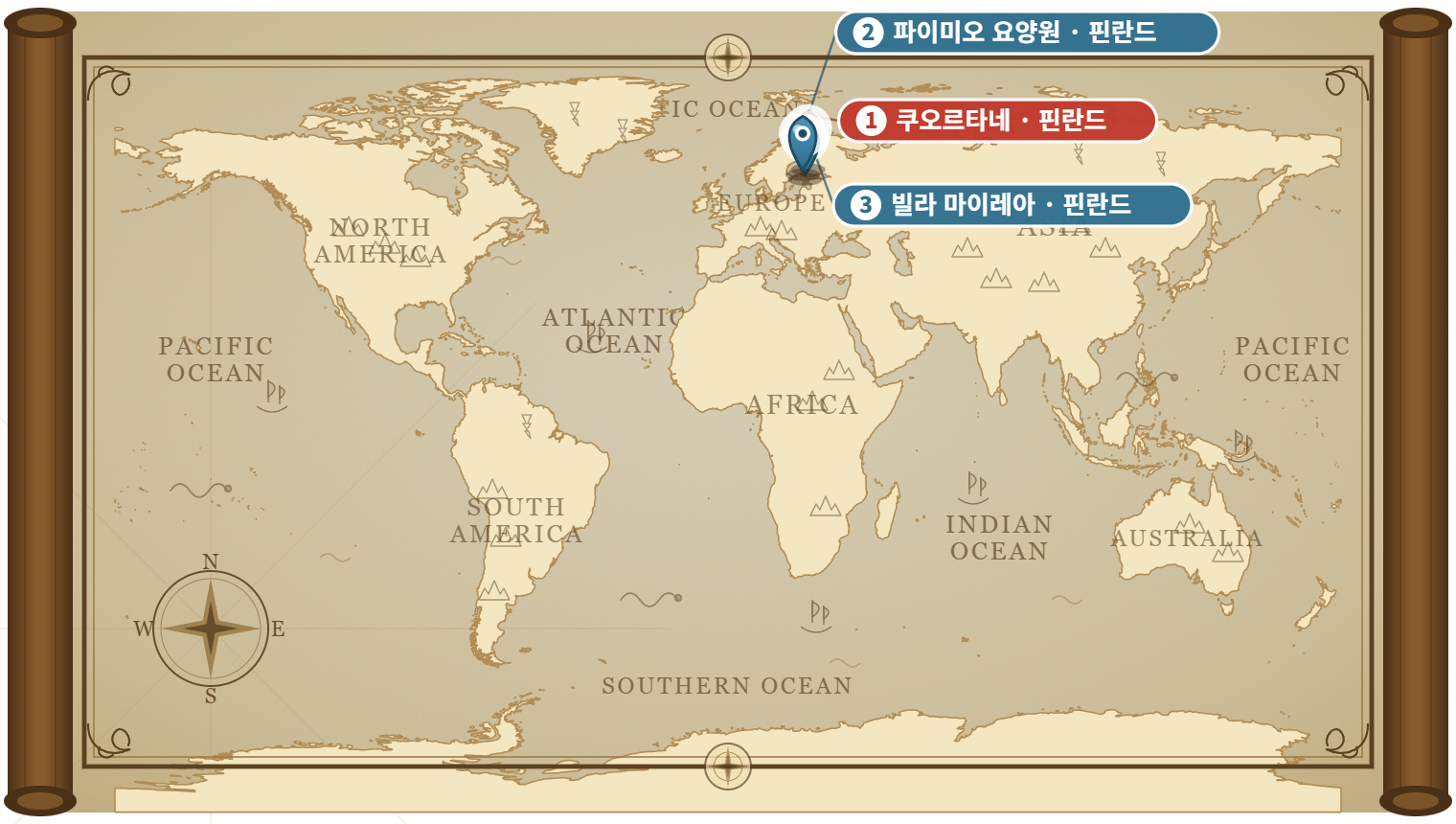 알바 알토의 고향과 대표작 위치를 표시한 항해지도