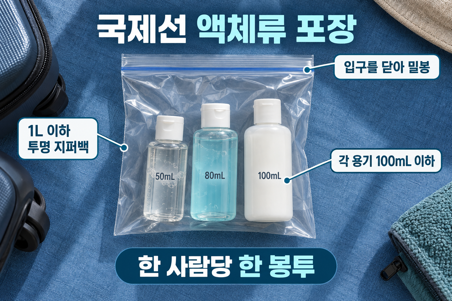 작은 용기들을 넣고 닫은 1L 투명 지퍼백