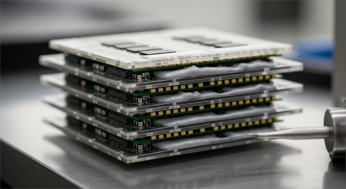 적층형 HBM 패키지를 초근접으로 담은 고성능 메모리 장면 