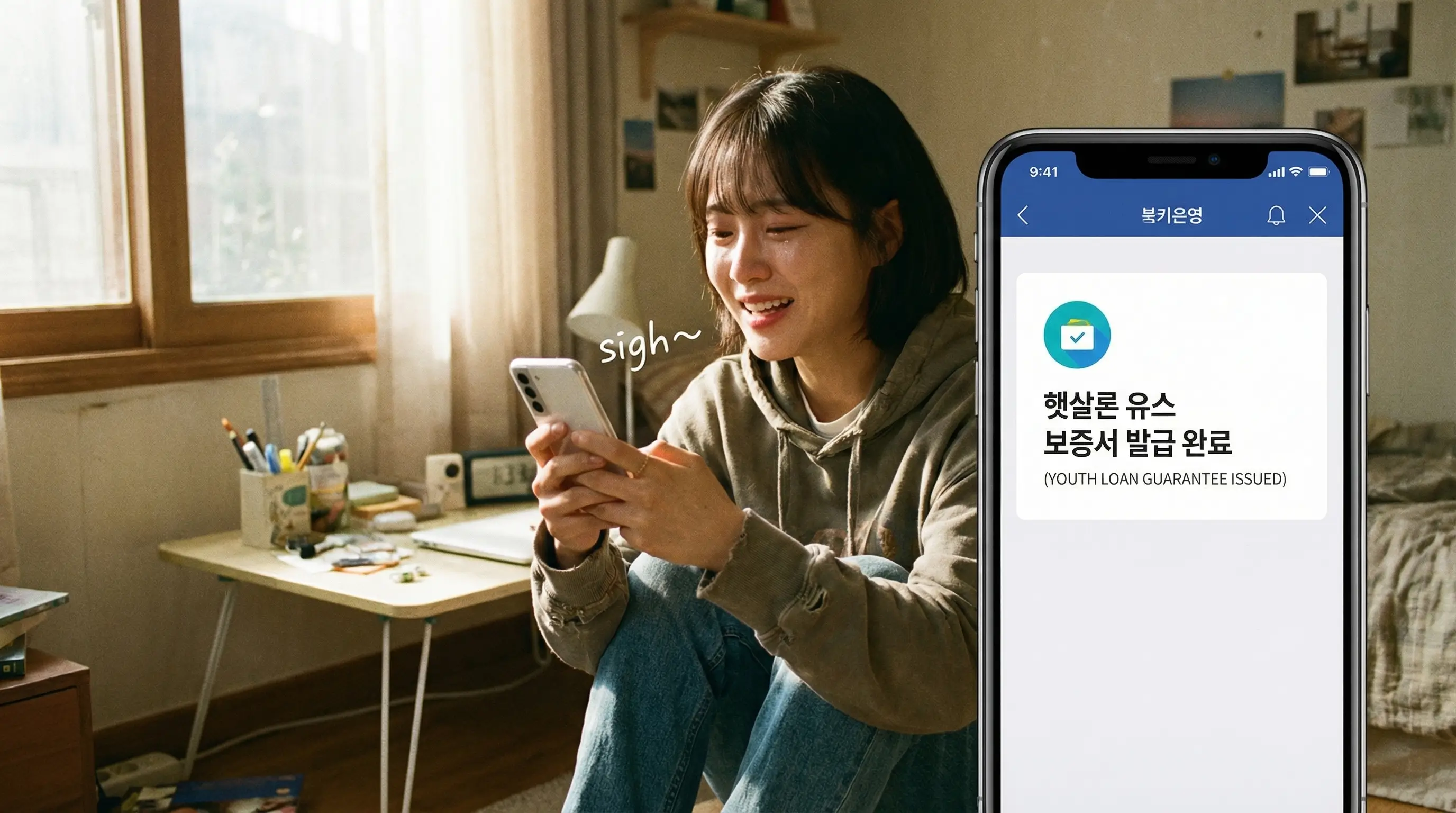 모바일 앱으로 햇살론 유스 보증서 발급 완료 메시지를 확인하고 안도하는 청년의 모습