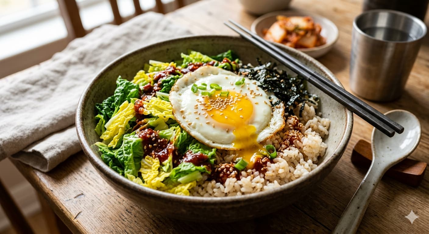 봄동과 각종 나물을 올리고 계란 노른자가 터지기 직전인 봄동 비빔밥