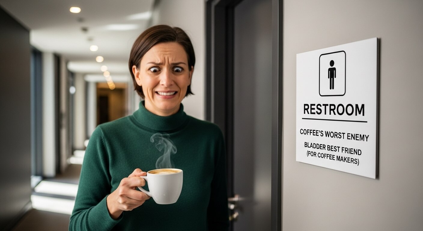 커피를 들고 화장실 앞에 있는 사람