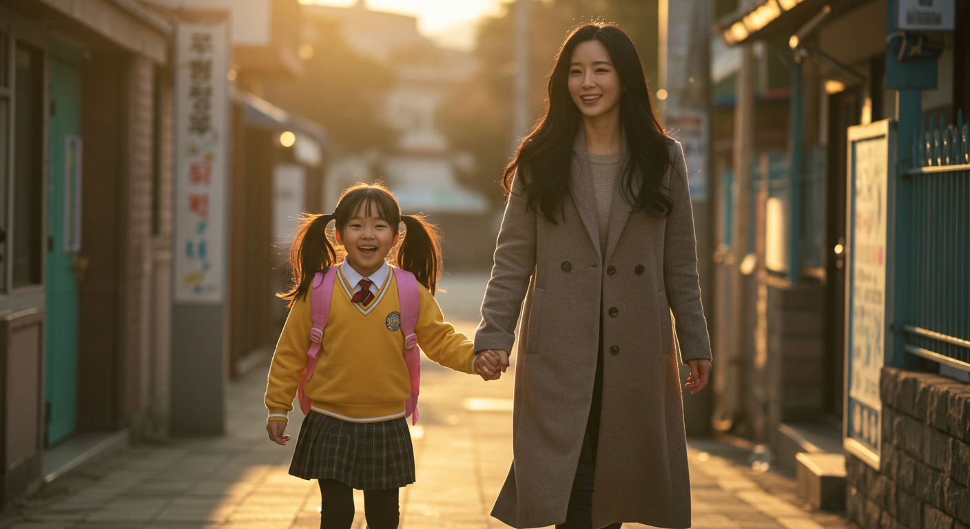 엄마와 함께 학원에 가는 초등학생.