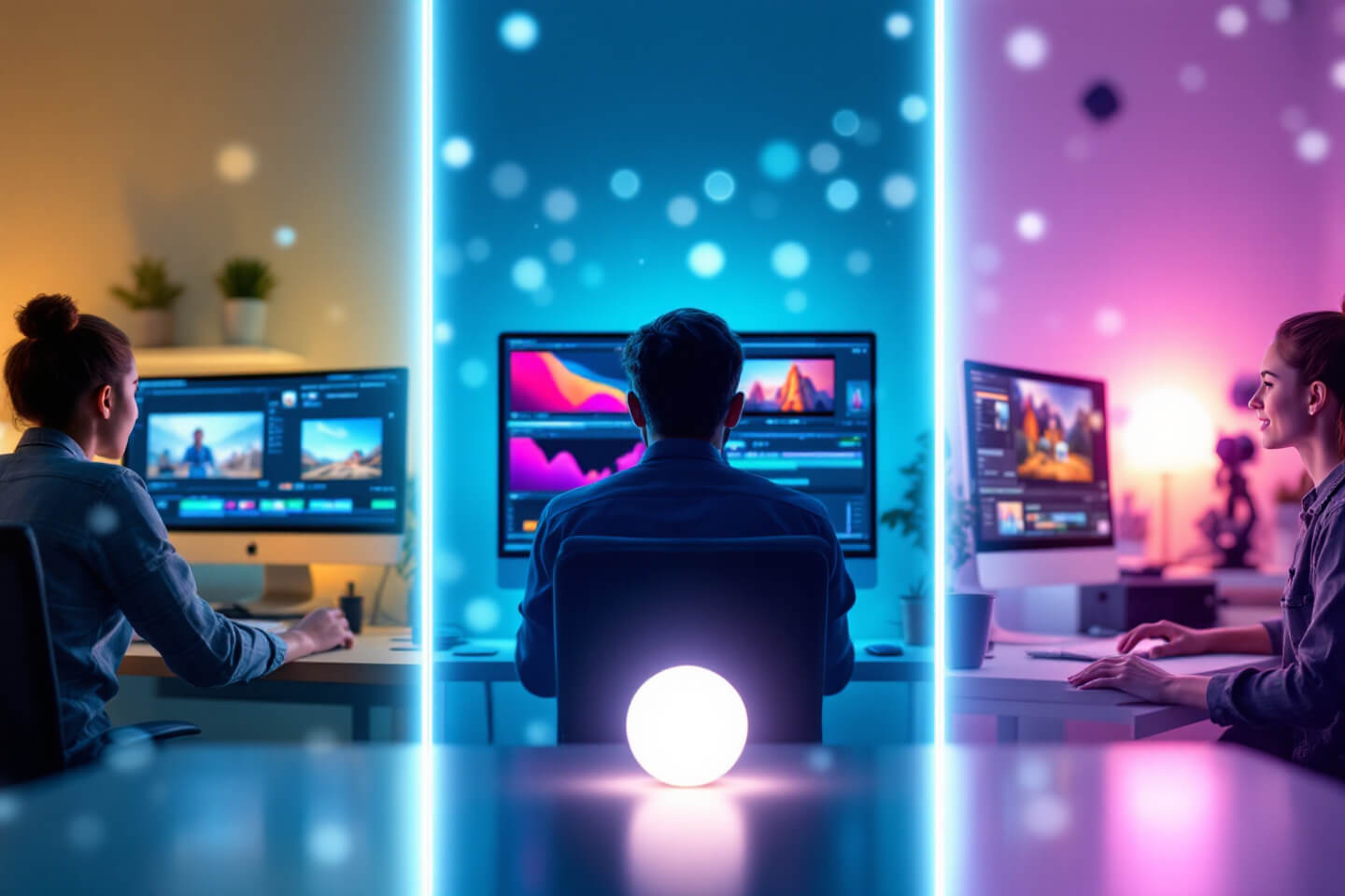 3명의 창작자가 각기 다른 색조의 작업 환경에서 컴퓨터로 비디오 편집을 진행하는 모습. 화면 중앙에는 비디오 생성 과정을 상징하는 다양한 그래픽과 데이터 시각화 요소가 표현되어 있다