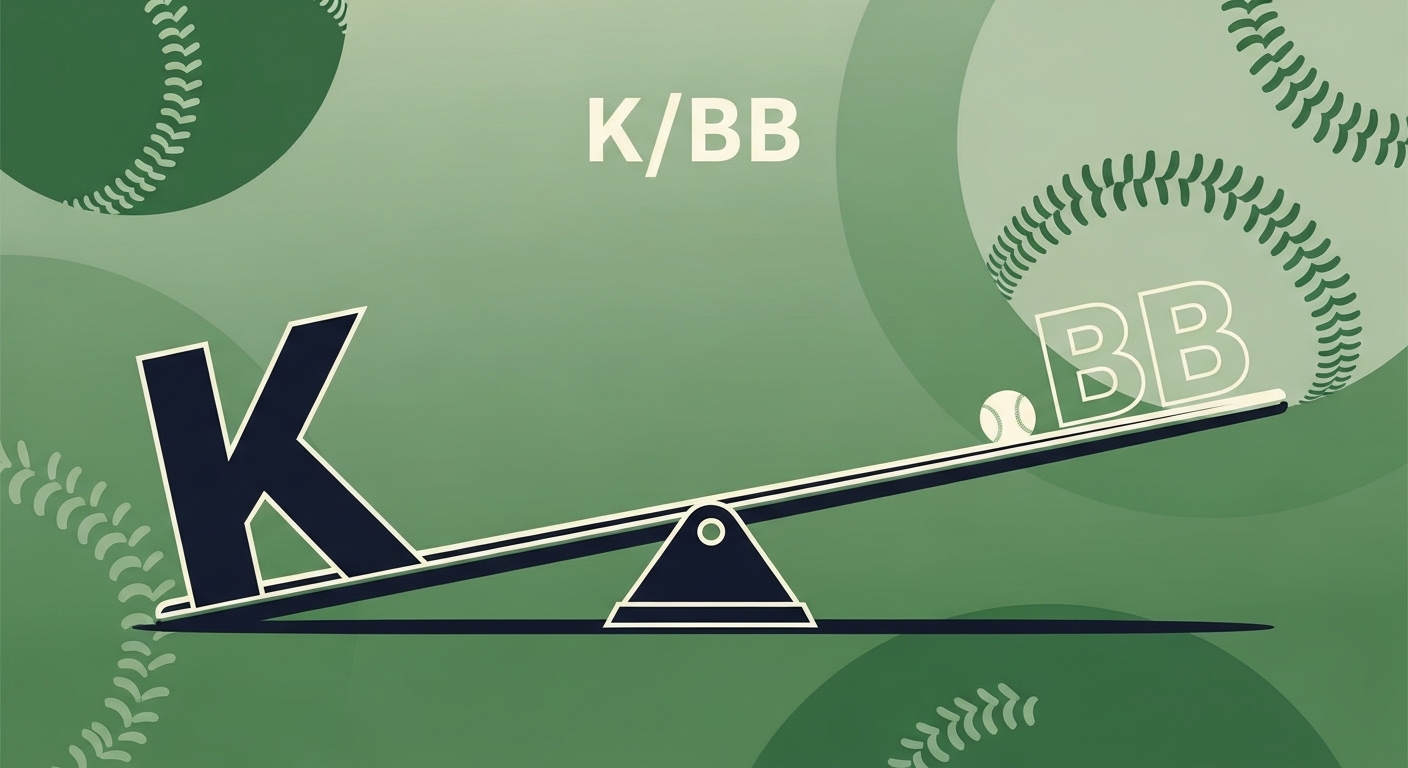 K/BB (삼진/볼넷 비율)의 중요성을 표현한 이미지. 큰 'K'와 작은 'BB'가 균형을 이루는 시소 형태로, 높은 K/BB 비율이 투수의 우위를 나타낸다.