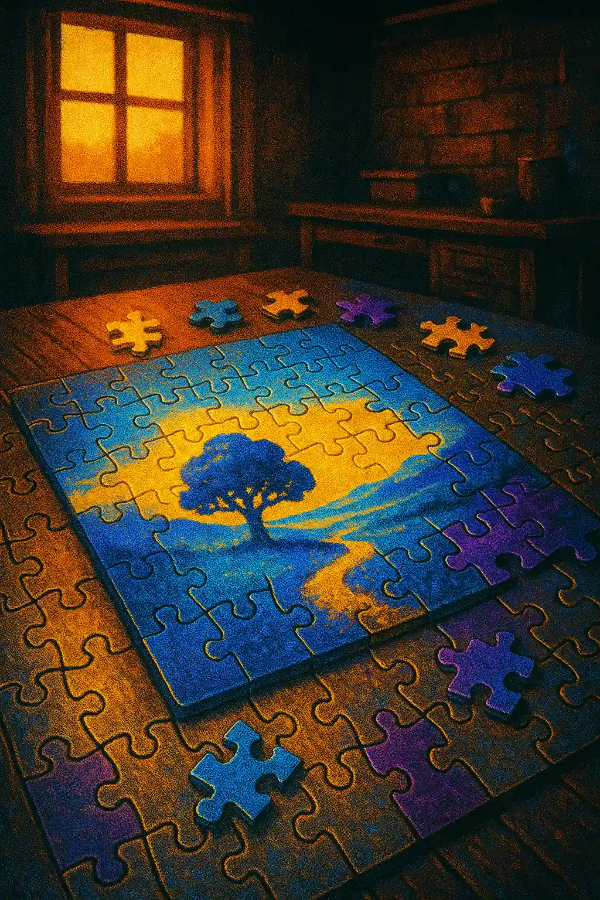 퍼즐 조각들이 모여 회복을 상징하는 풍경을 완성하는 장면