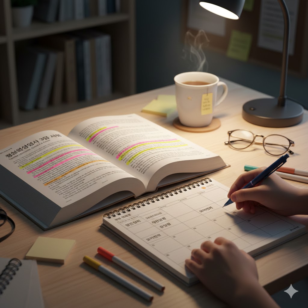 책상 위에 펼쳐진 청소년상담사 3급 시험 서적과 필기구, 형광펜으로 밑줄 그어진 내용들