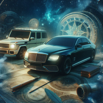 고급 자동차와 기계 부품들이 어우러진 미래적 풍경.