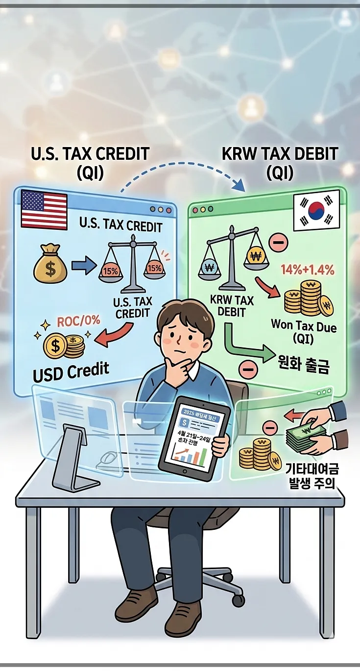 투자자가 미국과 한국의 배당세율 차이를 분석하는 QI 환급 구조 설명 그림