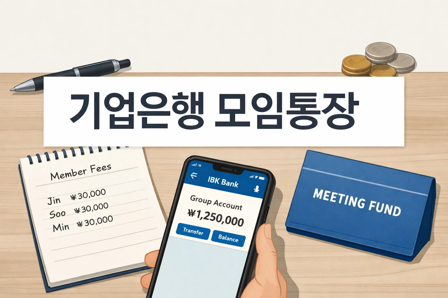 기업은행 모임통장의 기본 개념과 회비 관리 흐름을 한눈에 이해하도록 제목형 화면과 회비 메모 구성을 함께 보여주는 이미지