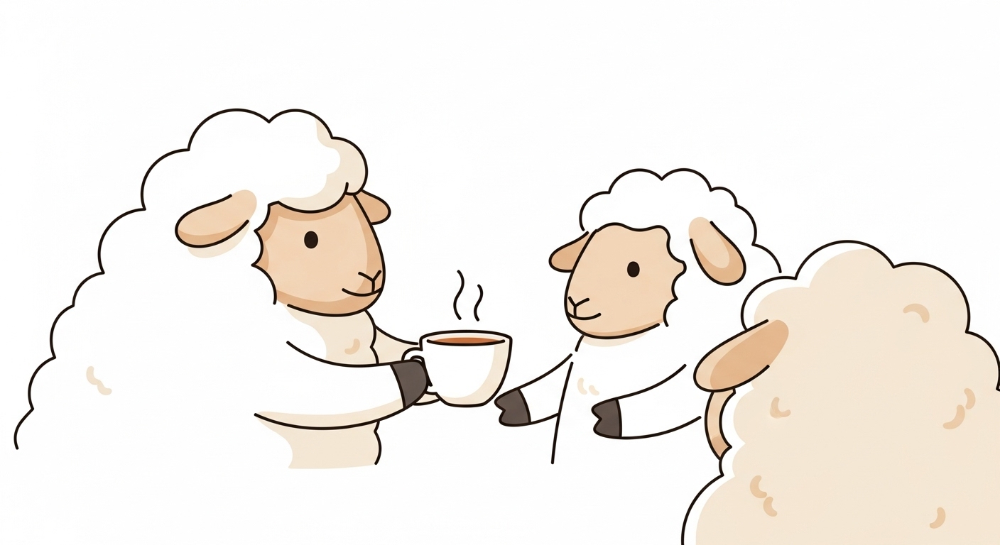 친구에게 따뜻한 차를 건네며 위로와 평화를 전하는 온화한 양 캐릭터 일러스트