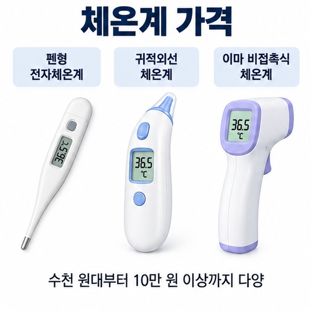 체온계 가격이라는 제목과 펜형 전자체온계, 귀적외선체온계, 이마 비접촉식 체온계를 함께 비교한 대표 이미지