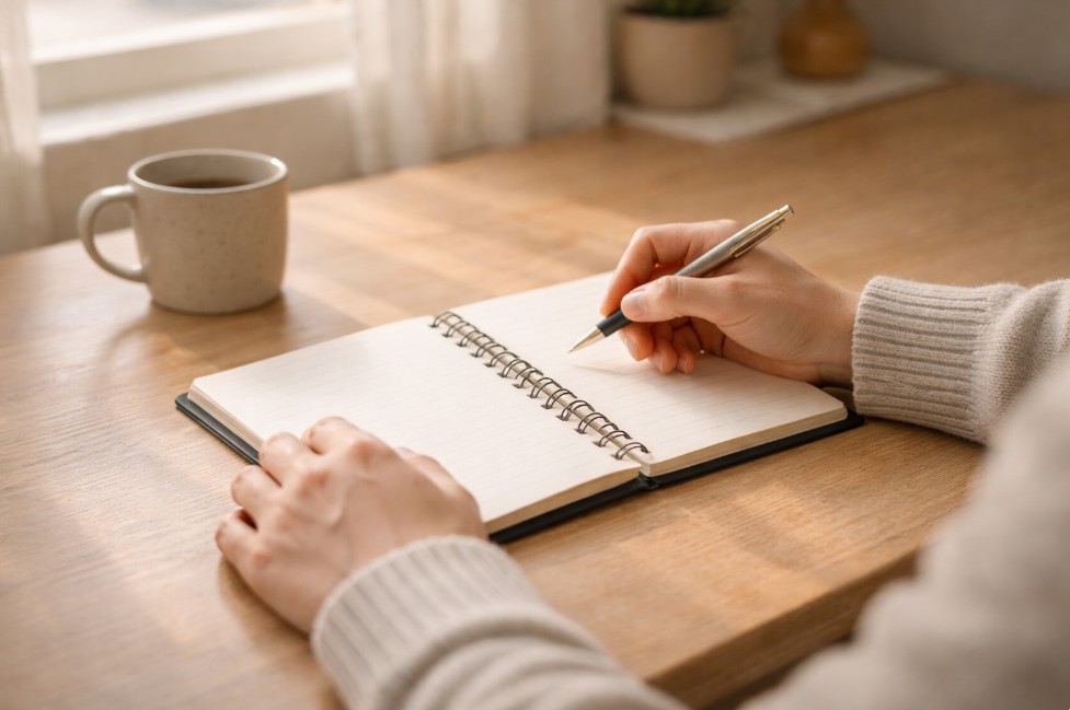 다이어리 위에서 잠시 멈춘 손, 선택을 고민하는 순간