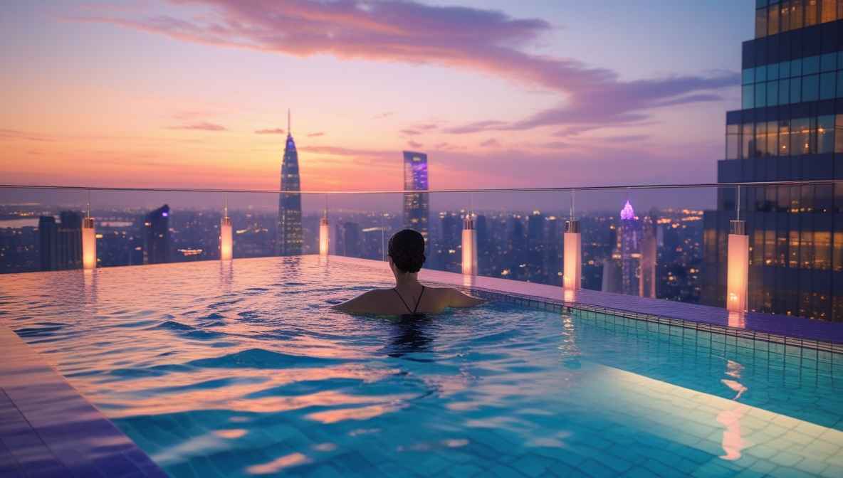 해 질 녘, 아름다운 도시의 야경을 배경으로 한 루프탑 인피니티 풀에서 한 사람이 여유롭게 수영을 즐기는 모습. 고급스럽고 환상적인 분위기