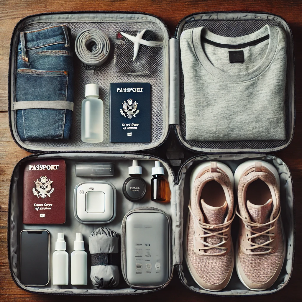 여권, 롤링 기법으로 접은 옷, 100ml 이하 세면도구, 폴더블 백팩, 보조 배터리