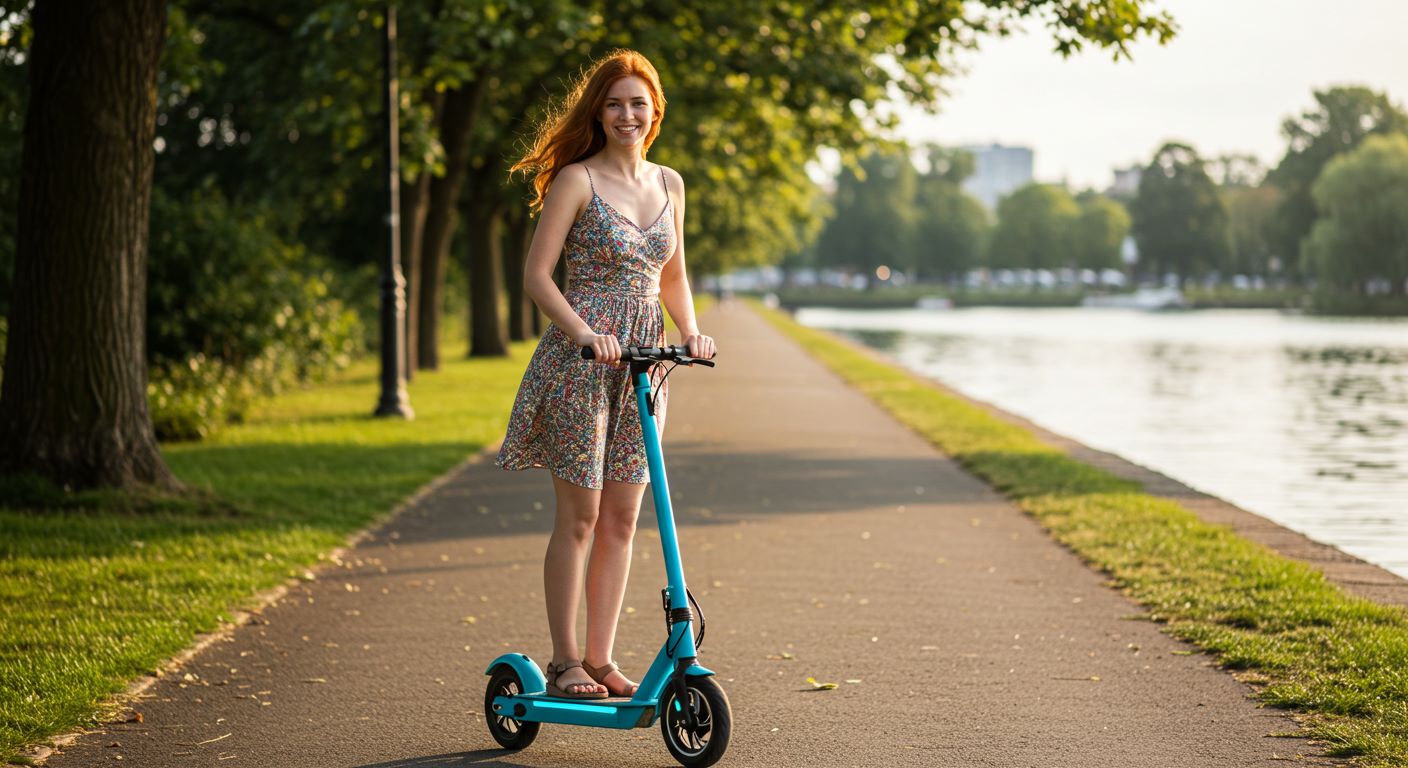킥보드를 타고 있는 여성의 모습