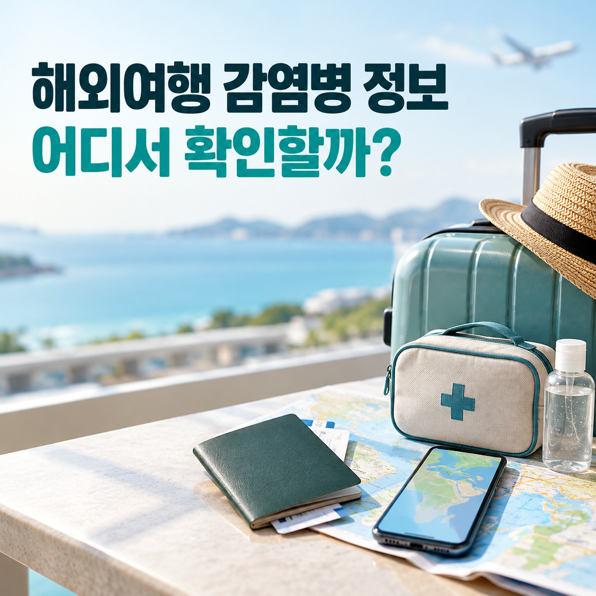 여행 가방과 여권, 스마트폰 옆에 해외여행 감염병 정보 확인 문구가 놓인 대표 이미지