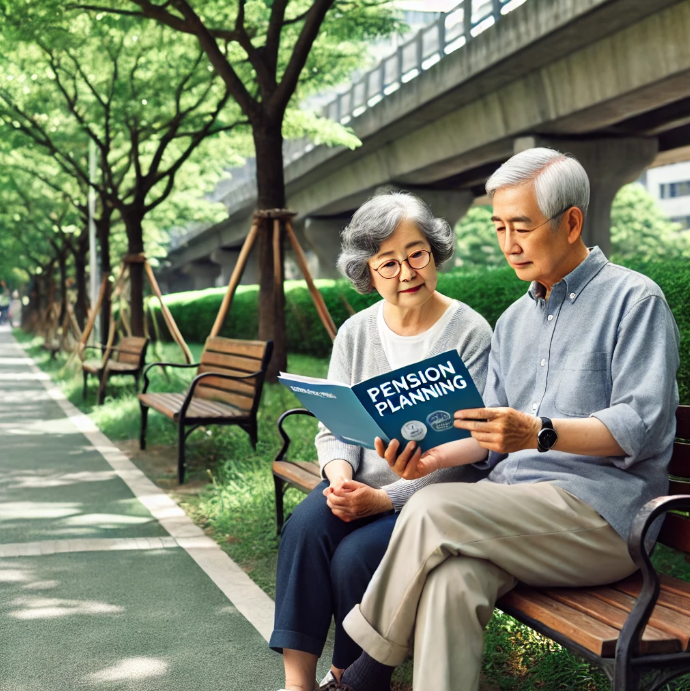 공원 벤치에서 연금 계획 책자를 보며 논의하는 노년 부부