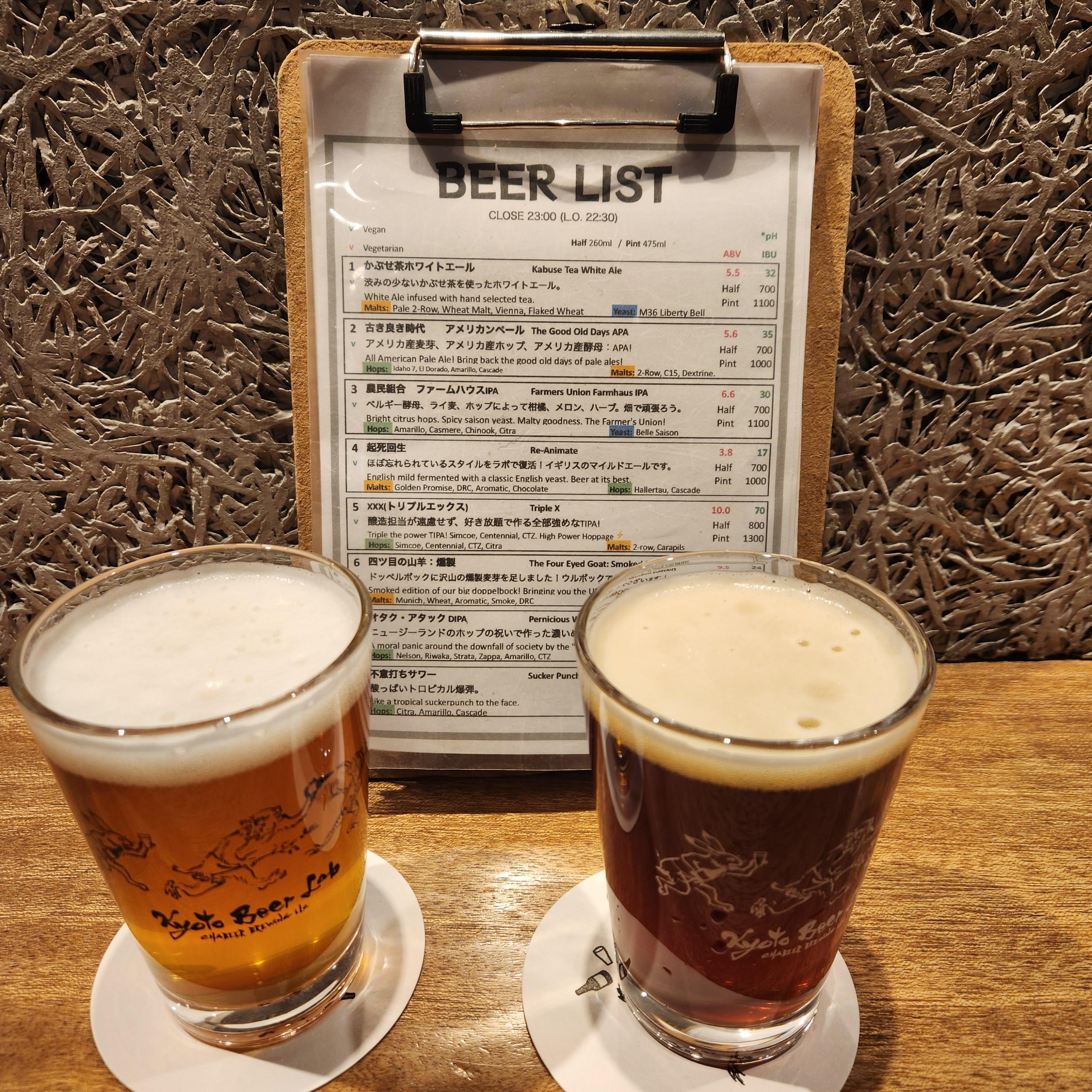 주문한 맥주와 메뉴판. 메뉴판에는 작은 글씨로 맥주를 설명해놓았다.