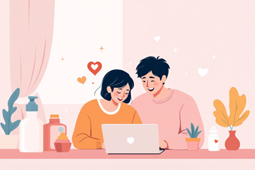 아이를 나은 부부가 노트북으로 함께 첫만남이용권 신청서를 작성하는 모습