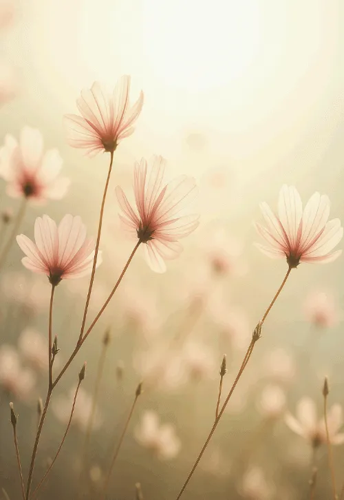 바람에 흔들리는 파스텔 톤의 꽃들, 조용한 배경