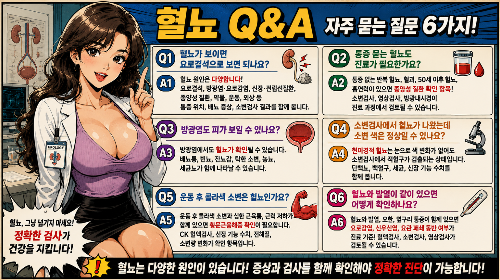 혈뇨 원인, 통증 없는 혈뇨, 방광염 혈뇨, 현미경적 혈뇨, 운동 후 콜라색 소변을 Q&amp;A 형식으로 정리한 의료 인포그래픽