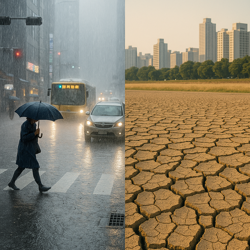 폭우 내리는 부산 거리와 가뭄에 갈라진 서울 흙바닥 대비 사진