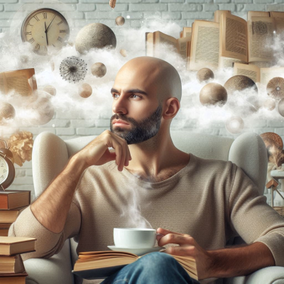 "책 더미 속에서 명상하며 커피를 마시는 남성"