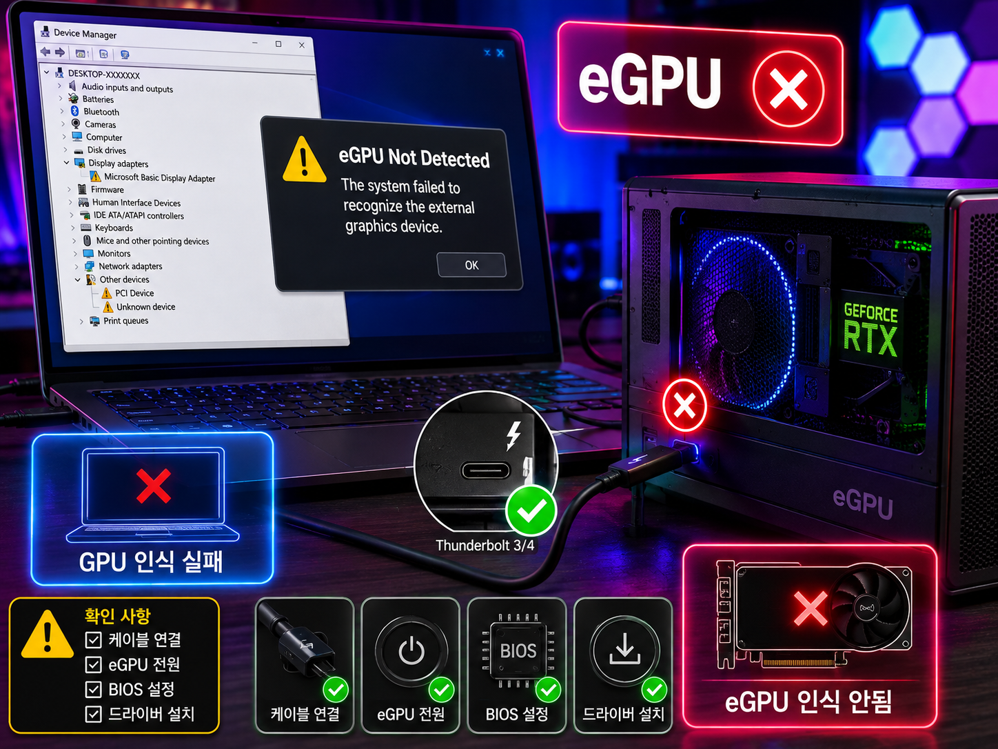 노트북 외장 eGPU 인식 안됨 도킹 연결 오류 해결방법 총정리 썬더볼트 그래픽카드 인식 안됨