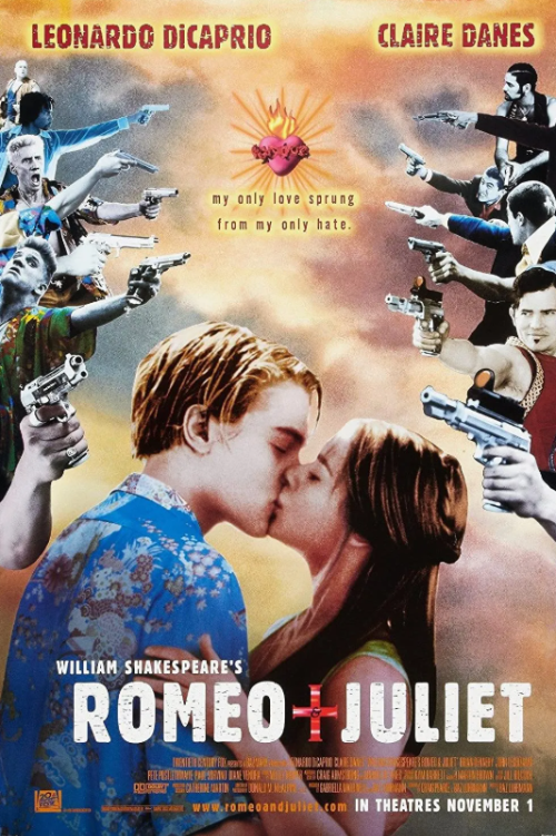 로미오와 줄리엣 영화 포스터 이미지, 총과 사랑이 교차하는 현대적 셰익스피어 각색