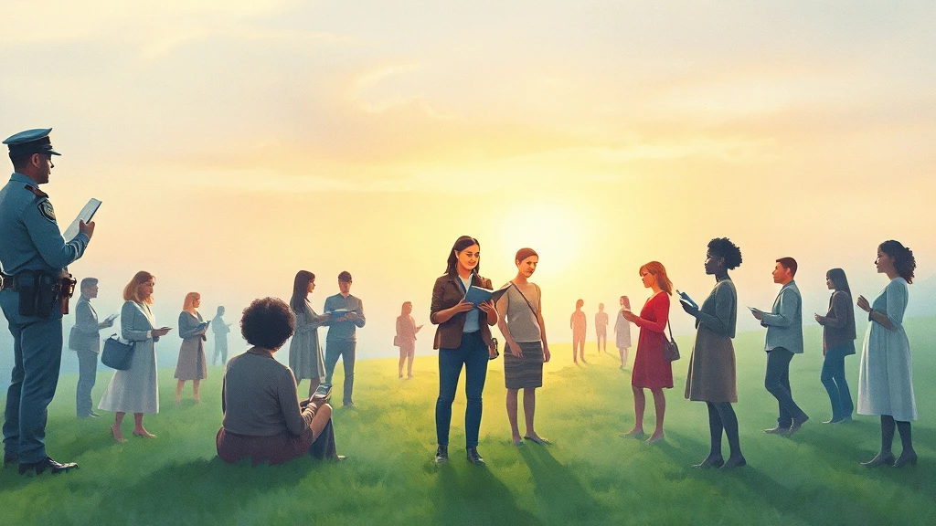 잔디밭에 인종 직업이 뒤섞인 사람들이 모여 있다