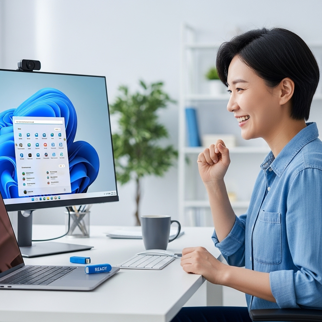 윈도우 11 클린 설치를 성공적으로 마치고 환하게 웃고 있는 한국인 남성 또는 여성의 모습. 화면에는 깔끔한 윈도우 11 바탕화면이 보이며, 책상에는 USB 드라이브가 놓여있습니다.