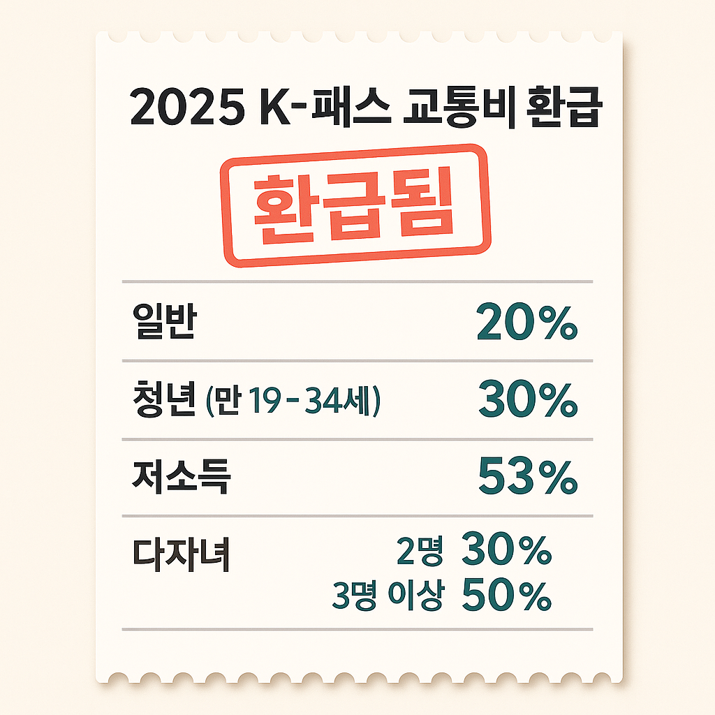 2025년 K패스 교통비 환급 제도를 설명하는 인포그래픽 이미지