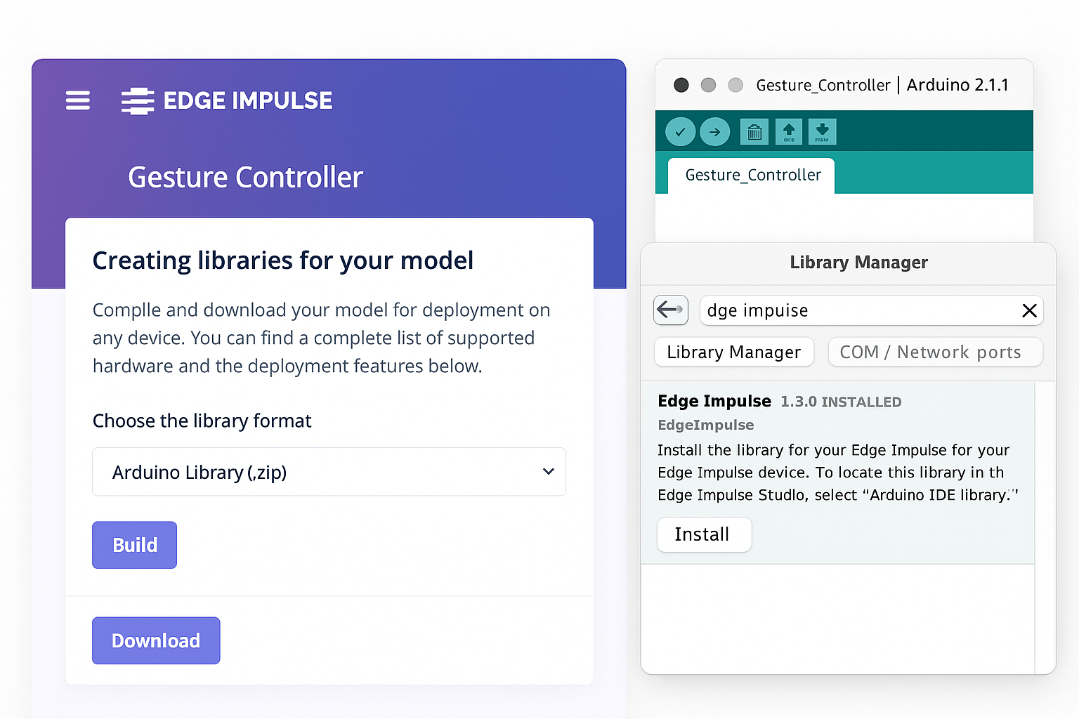 Edge Impulse에서 Arduino용 라이브러리를 .zip 형식으로 다운로드하는 화면