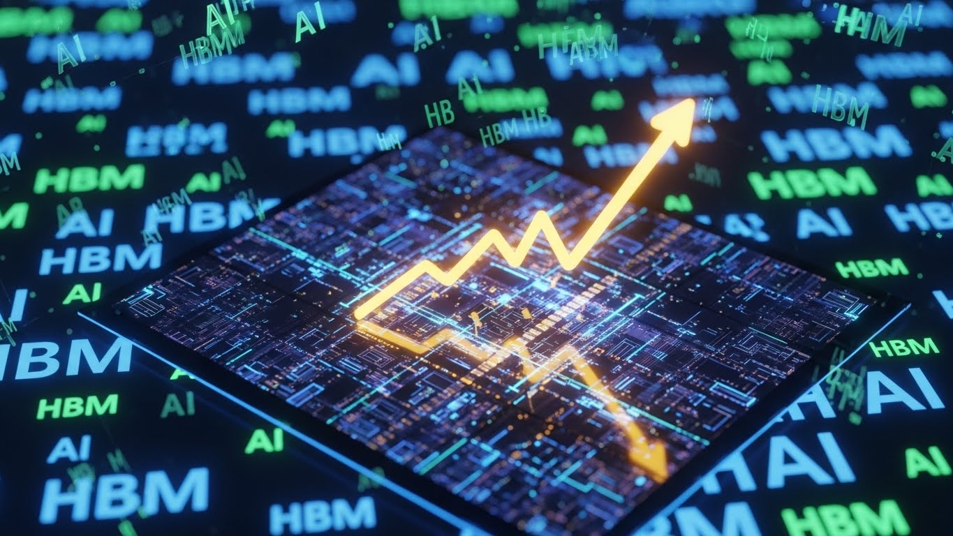 A close-up of a glowing semiconductor wafer with a rising golden arrow graph, background filled with 'AI' and 'HBM' text holograms, high-tech style.
