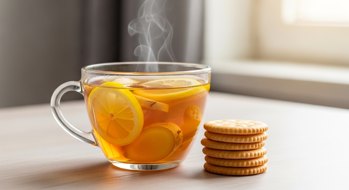 따뜻한 생강차와 담백한 크래커가 놓인 테이블. 입덧 완화에 도움을 주는 음식의 모습을 보여줍니다.
