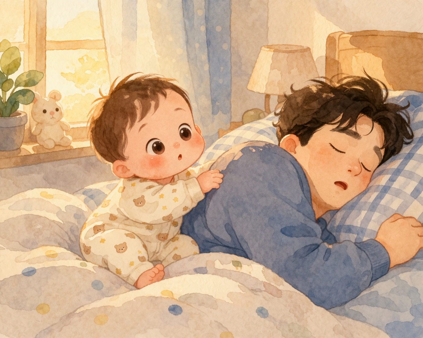 A wide-awake baby sitting beside a deeply sleeping father in the early morning light, humorously capturing the challenge of early rising in infant sleep routines.