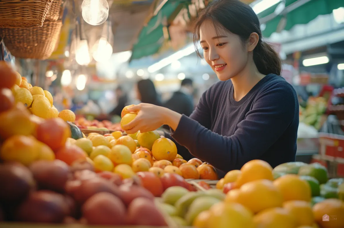 전통시장에서-과일을-고르고있는-한국-30대-여성