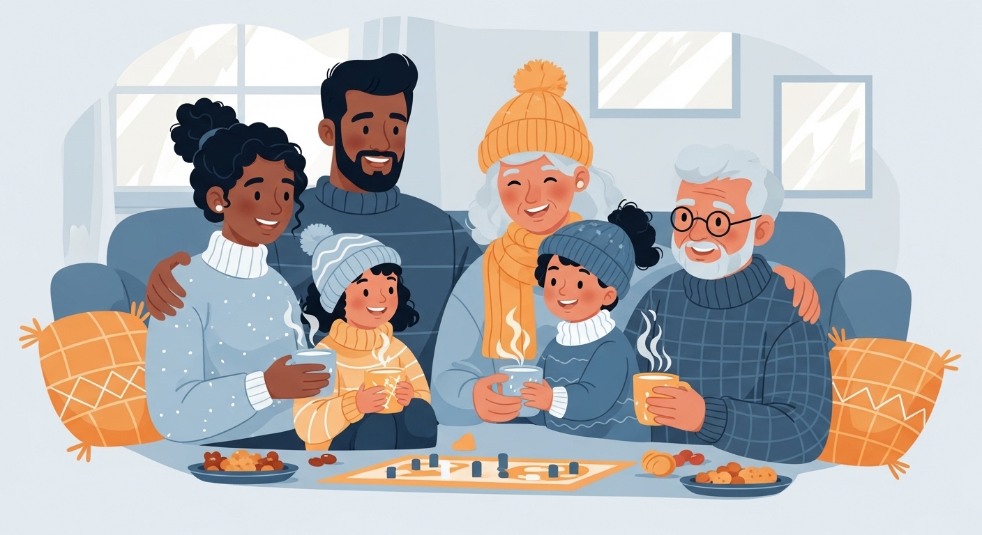 온 가족이 따뜻하게 모여 행복한 시간을 보내는 모습, 계절 독감과 바이러스로부터 가족 면역력을 지키는 건강한 가정의 모습.