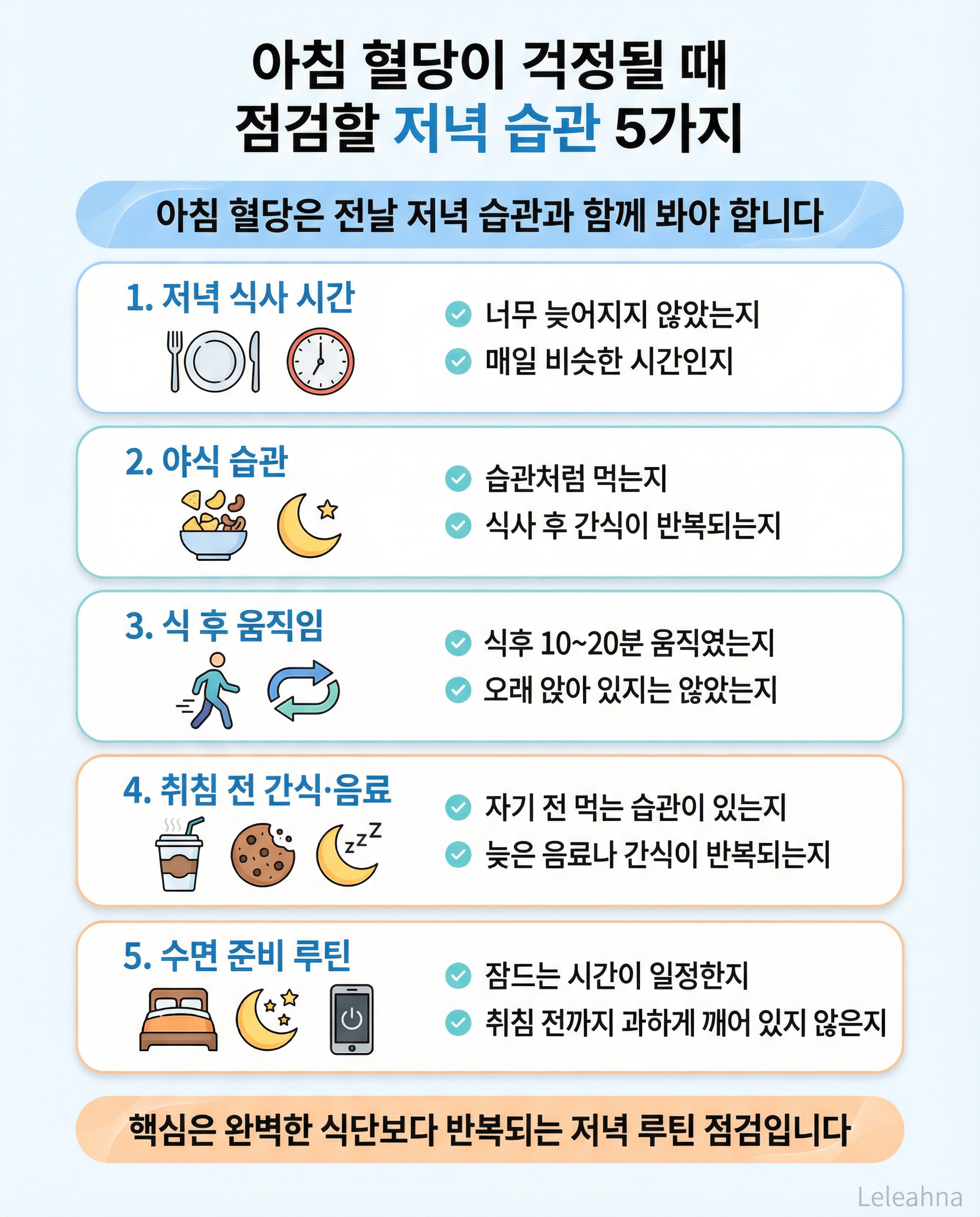아침 혈당이 걱정될 때 점검할 저녁 습관 5가지를 정리한 인포그래픽
